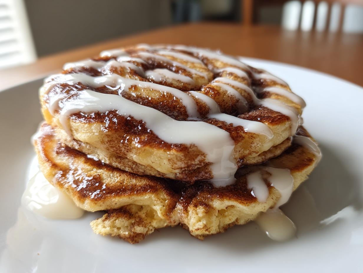 Close-up of a stack of fluffy cinnamon roll pancakes generously drizzled with white cream cheese icing.