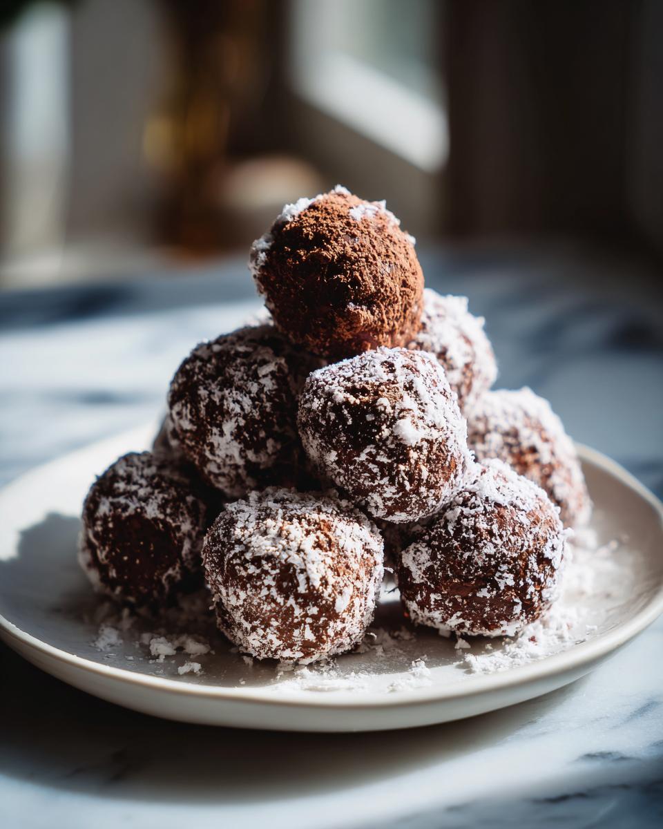A stack of rich, dark chocolate balls rolled in powdered sugar, representing cool whip candy, sits on a white plate.