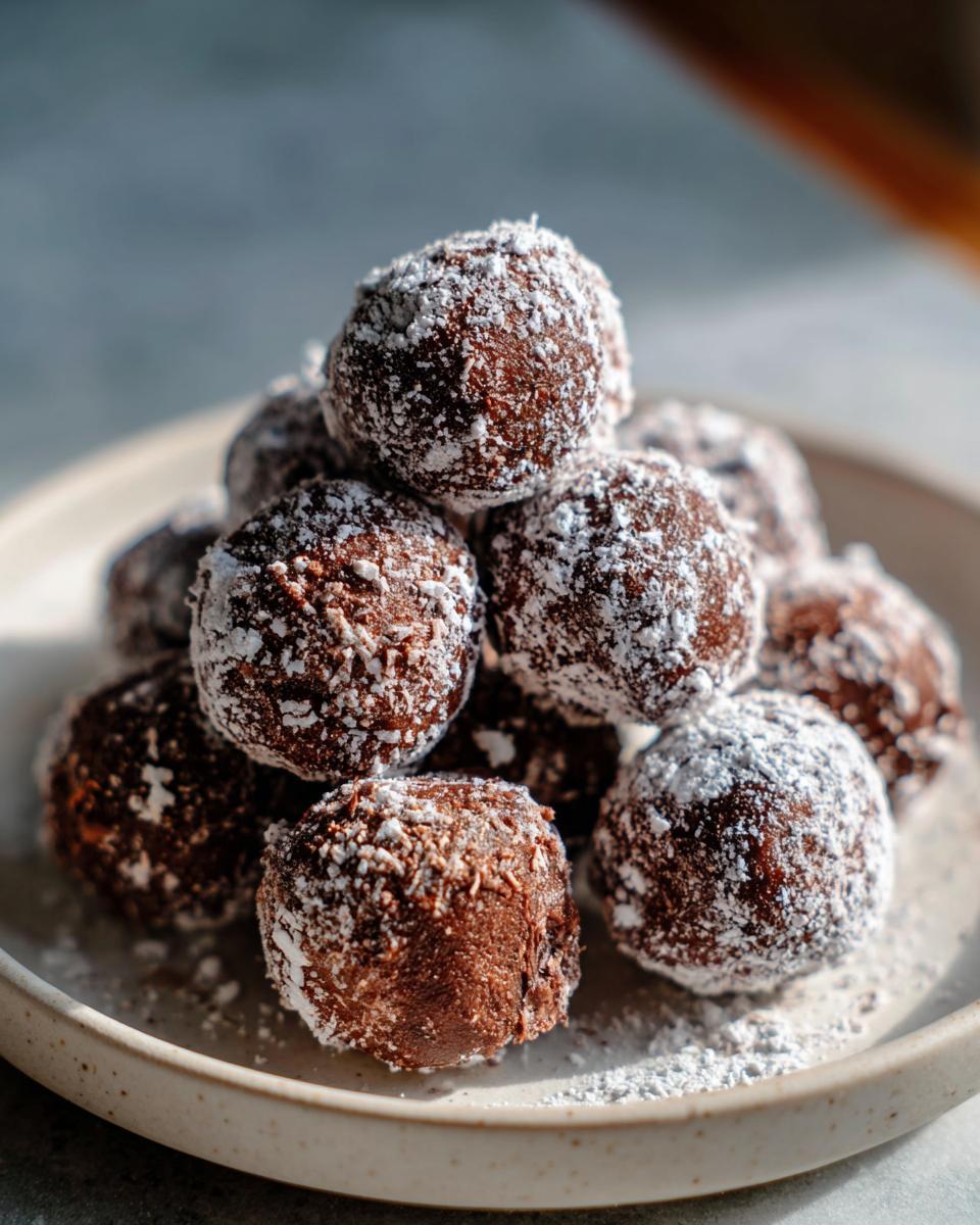 A pile of rich, dark chocolate Cool Whip Candy balls generously dusted with white powdered sugar on a light ceramic plate.