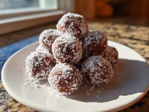 A stack of homemade chocolate Cool Whip candy balls heavily dusted with powdered sugar on a white plate.