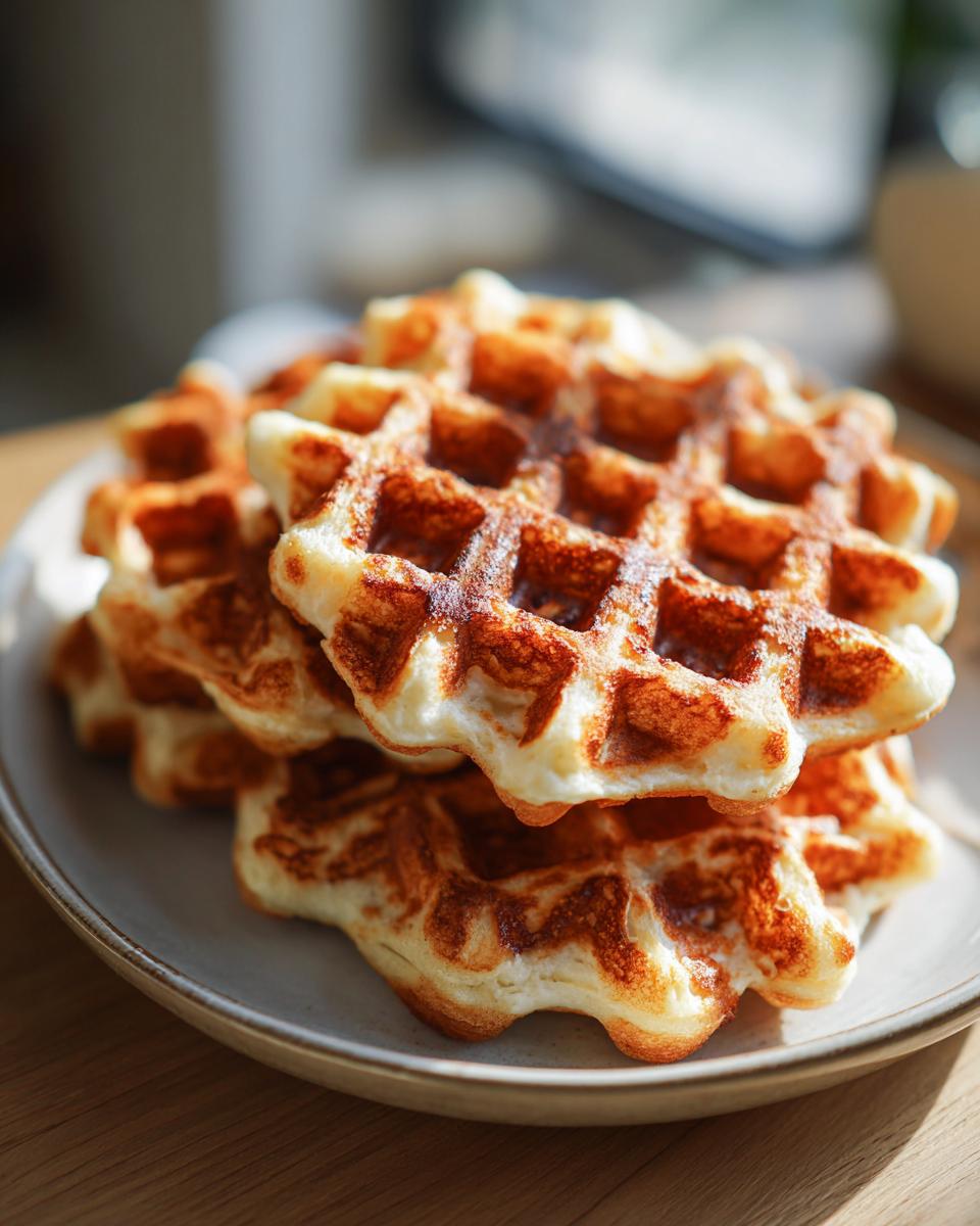 A stack of golden brown, fluffy cottage cheese waffles resting on a light-colored plate.