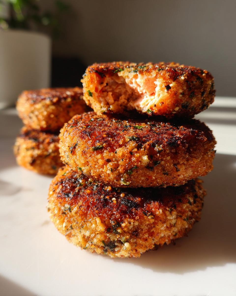 A stack of four perfectly browned, crispy salmon cakes, with the top one showing the flaky interior.