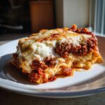 A close-up, appetizing slice of crockpot ravioli lasagna with rich meat sauce and melted mozzarella cheese.