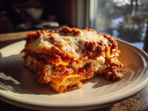 A hearty, layered slice of crockpot ravioli lasagna topped with melted mozzarella and rich meat sauce, served on a plate.
