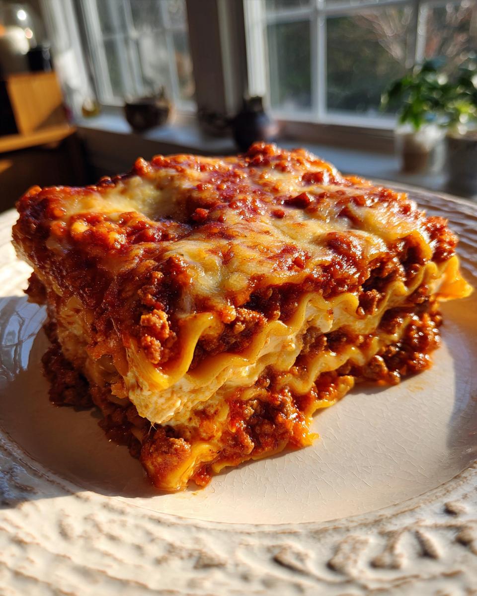 A thick, layered slice of crockpot ravioli lasagna topped with rich meat sauce and melted cheese, served on a textured plate.