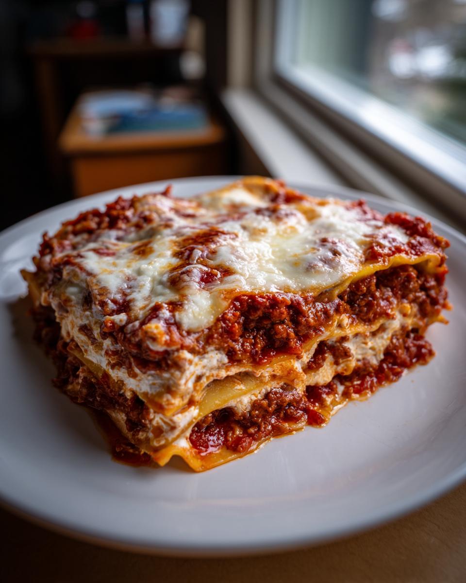 A delicious, layered slice of crockpot ravioli lasagna topped with melted mozzarella cheese, served on a white plate.