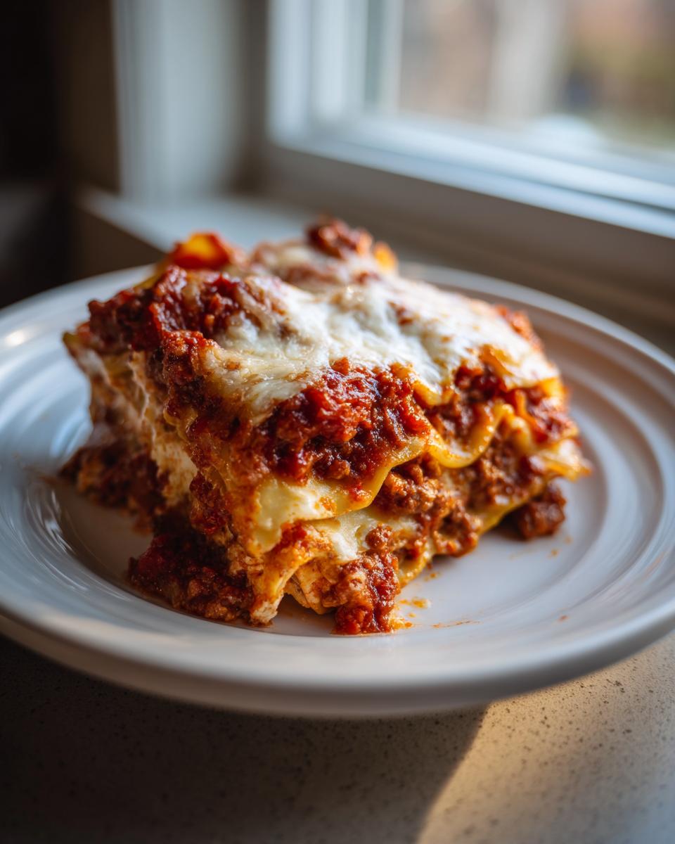 A thick slice of rich crockpot ravioli lasagna topped with melted mozzarella cheese and hearty meat sauce on a white plate.