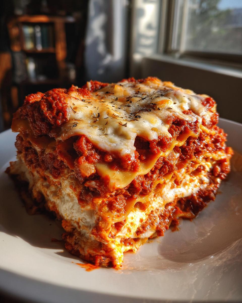 A tall, cheesy slice of crockpot ravioli lasagna covered in rich red sauce and herbs, sitting on a white plate.
