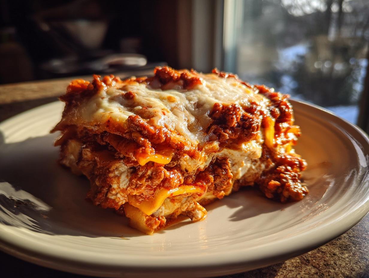 A hearty, layered slice of crockpot ravioli lasagna topped with melted mozzarella and rich meat sauce, served on a plate.