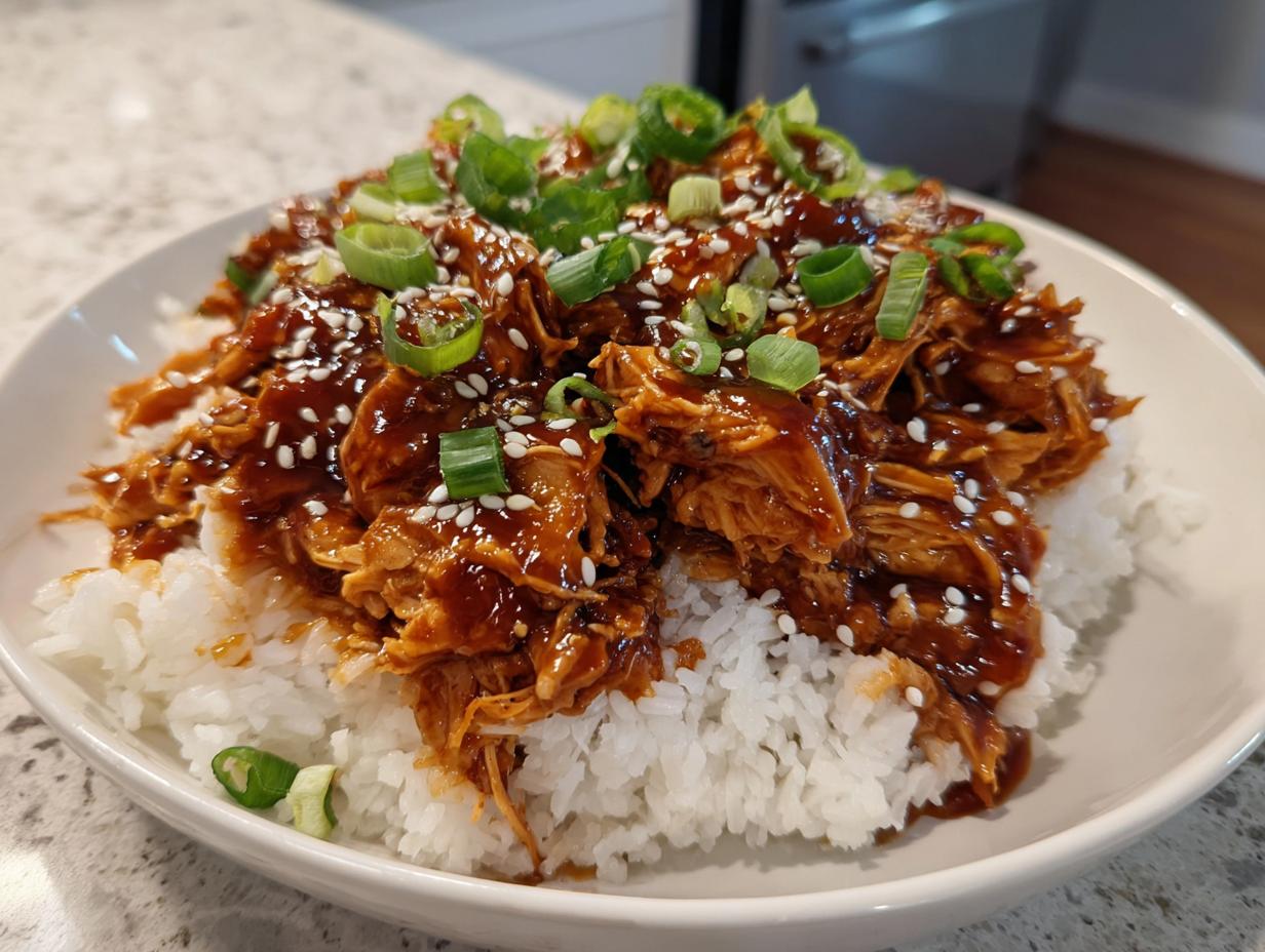 A close-up of shredded crockpot teriyaki chicken coated in a rich sauce, served over white rice and topped with sesame seeds and green onions.
