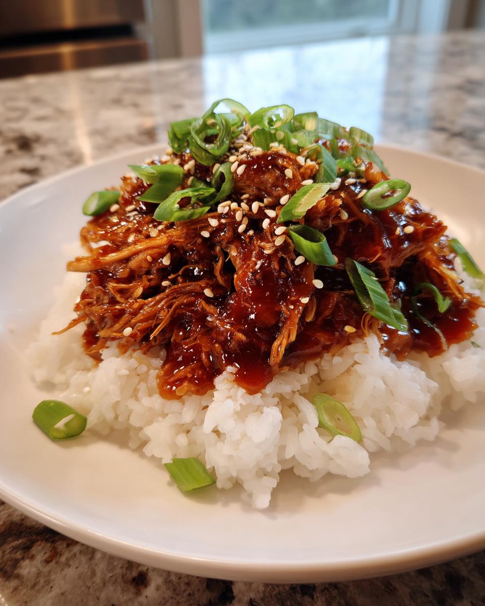 Shredded crockpot teriyaki chicken smothered in sauce, served over white rice and topped with green onions and sesame seeds.