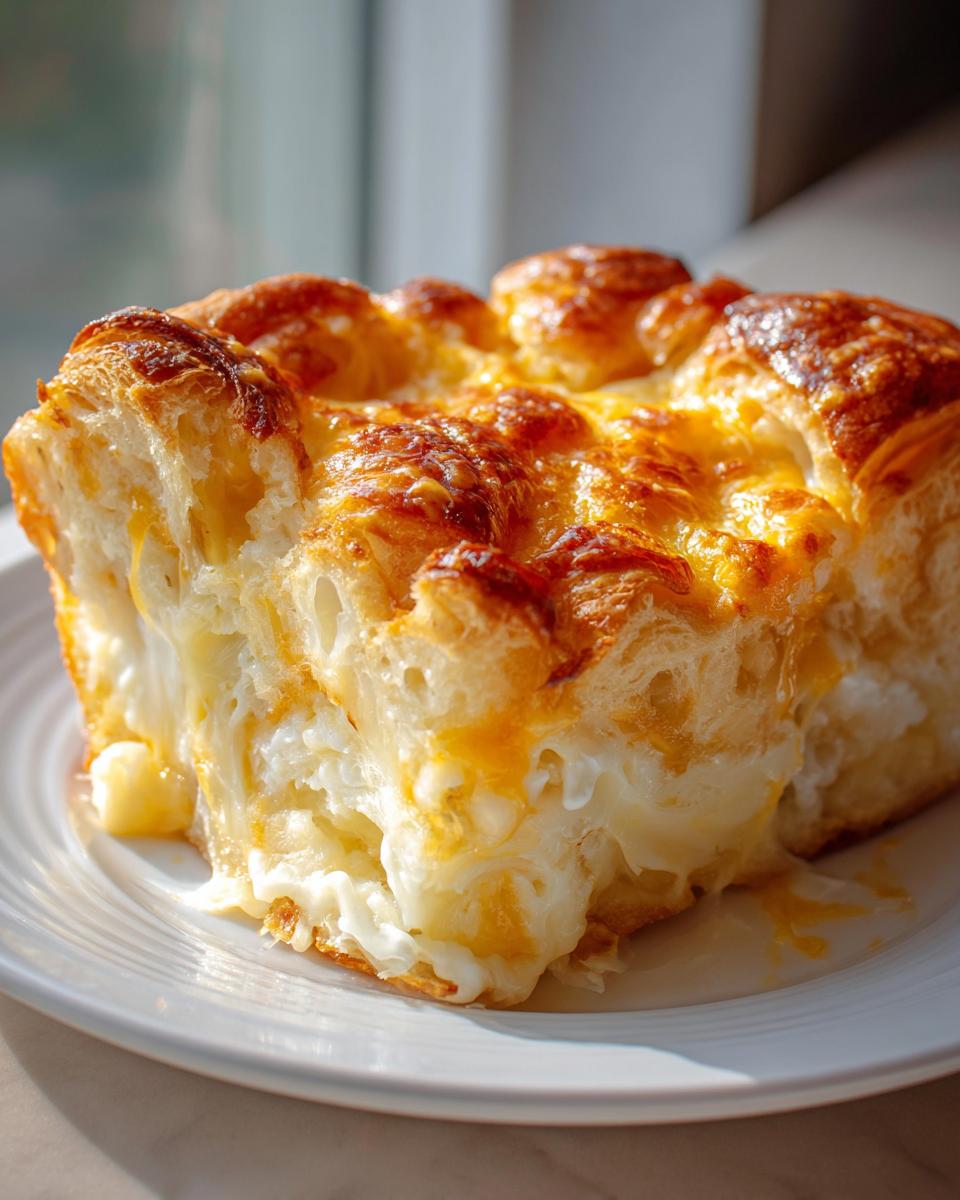 A close-up of a square serving of golden-brown Croissant Breakfast Casserole with melted cheese.