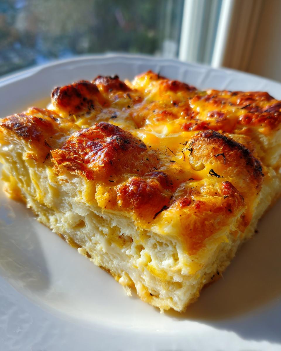 Close-up of a square slice of Croissant Breakfast Casserole with a bubbly, golden-brown cheese top.