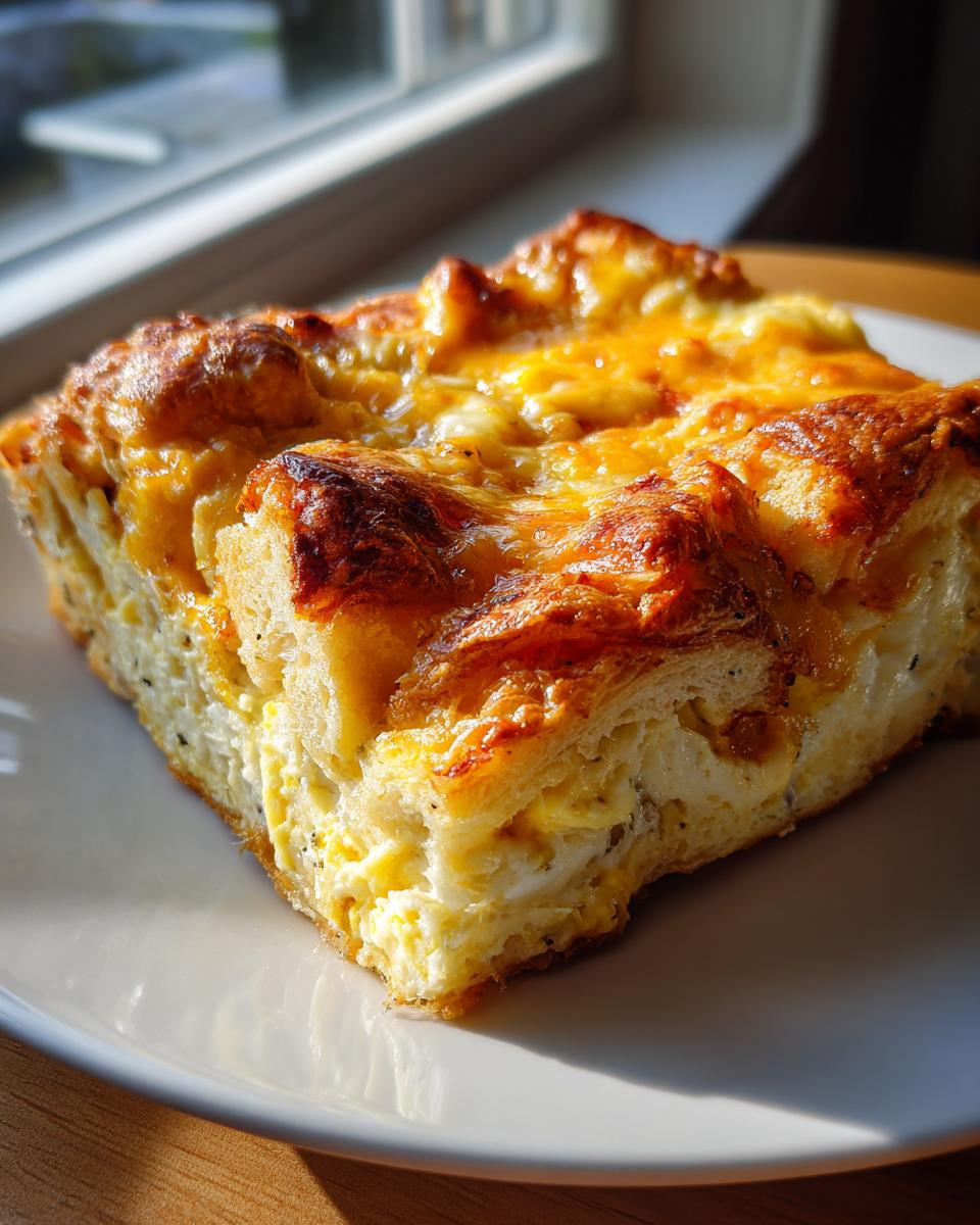 A close-up of a square serving of Croissant Breakfast Casserole with a golden, cheesy top.