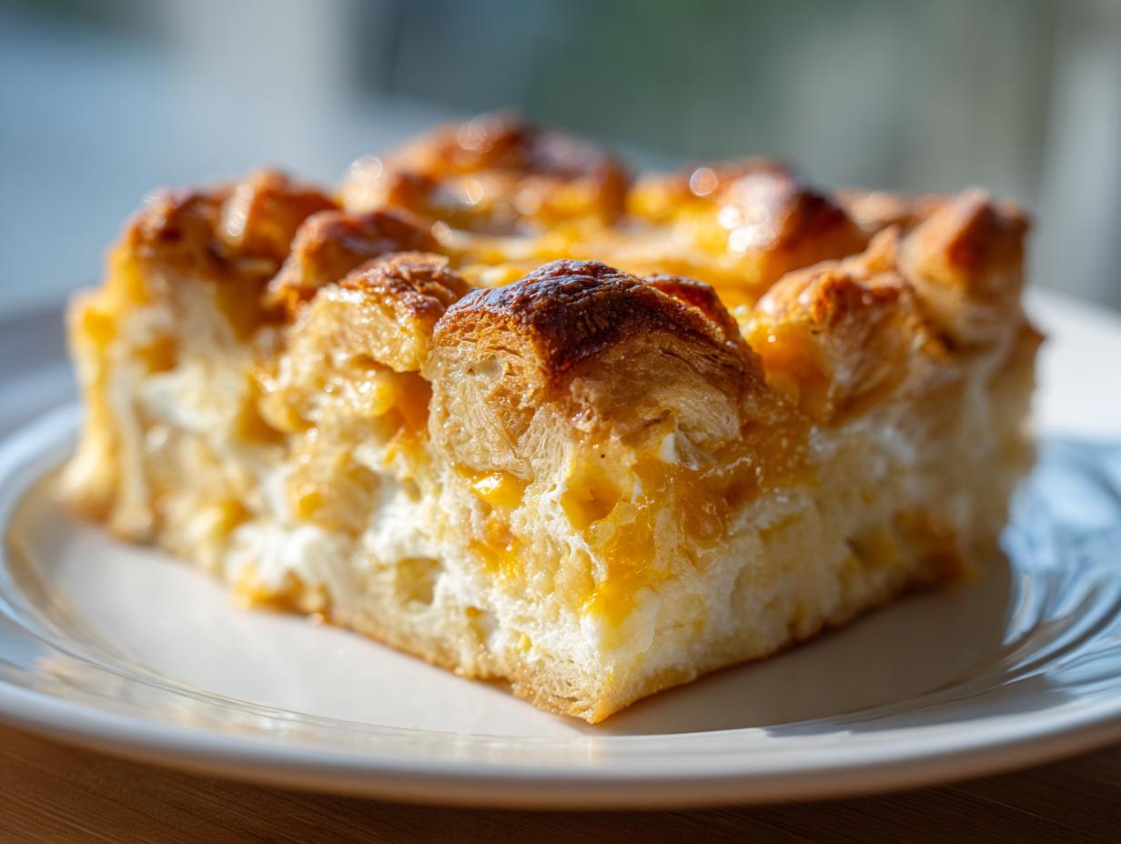 Close-up of a square slice of golden Croissant Breakfast Casserole, showing flaky pastry and creamy filling.