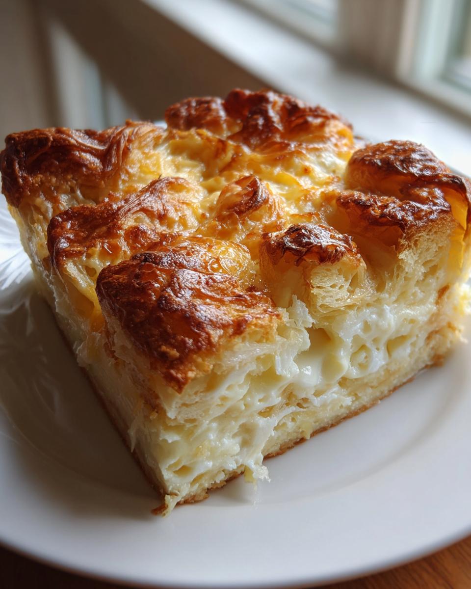 A close-up of a square slice of Croissant Breakfast Casserole with a golden-brown, flaky top and creamy interior.