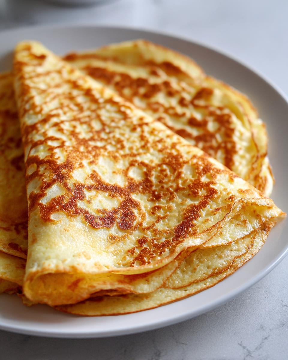 Close-up of folded, golden-brown cottage cheese wrap crepes stacked on a white plate.