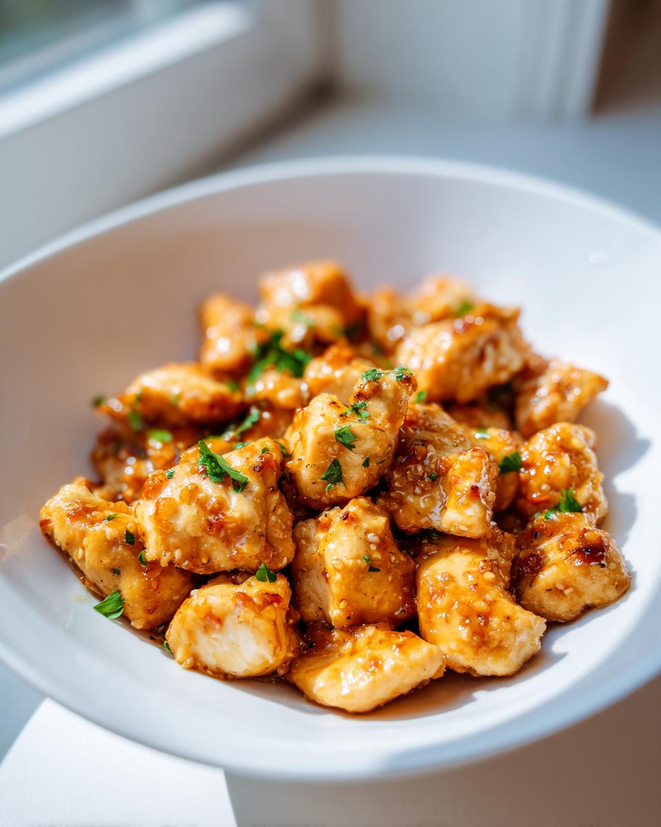 Close-up of glistening, golden garlic butter chicken bites garnished with parsley in a white bowl.