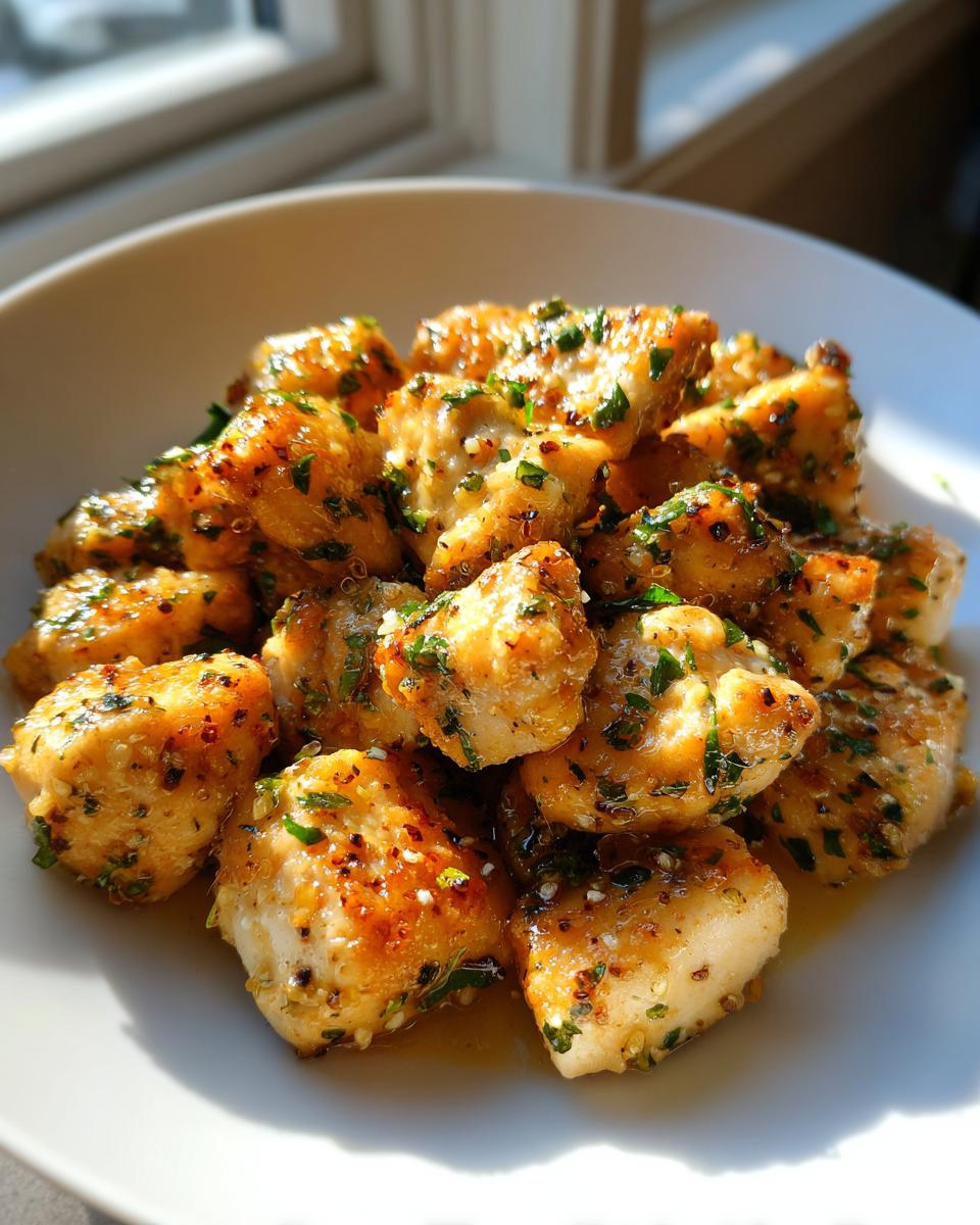 Close-up of golden brown garlic butter chicken bites seasoned with parsley, served in a white bowl.