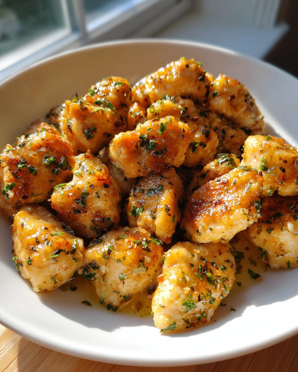 Close-up of golden brown garlic butter chicken bites tossed in herbs, served in a white bowl.