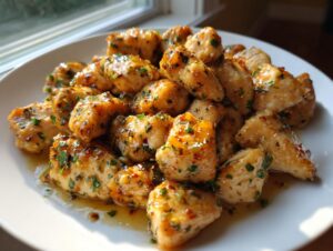 A plate piled high with glistening garlic butter chicken bites coated in a savory sauce with visible parsley flecks.
