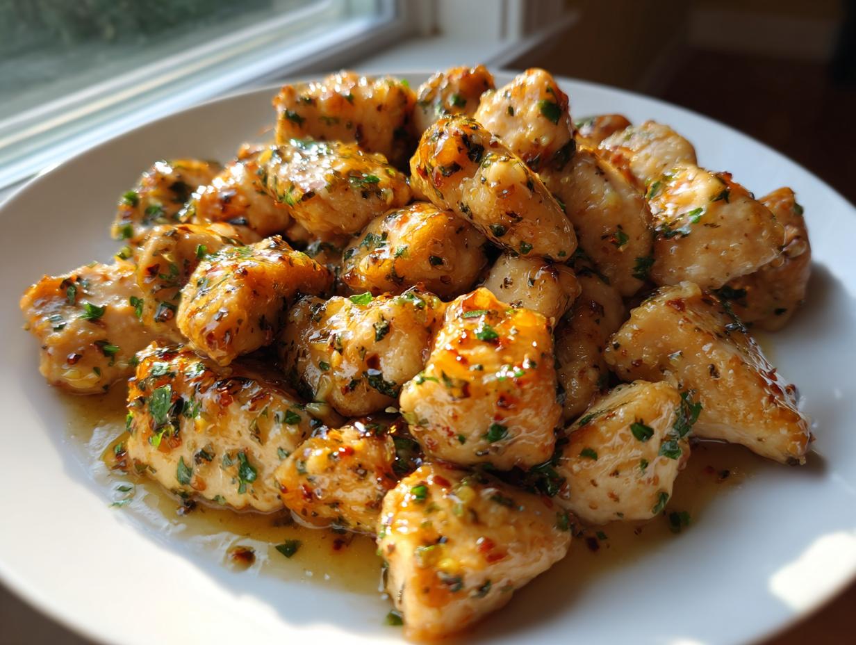 A plate piled high with glistening garlic butter chicken bites coated in a savory sauce with visible parsley flecks.