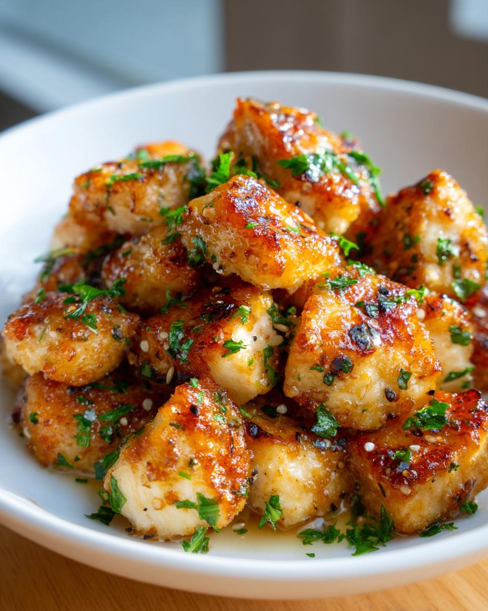 Close-up of golden brown, glazed garlic butter chicken bites topped with fresh parsley.