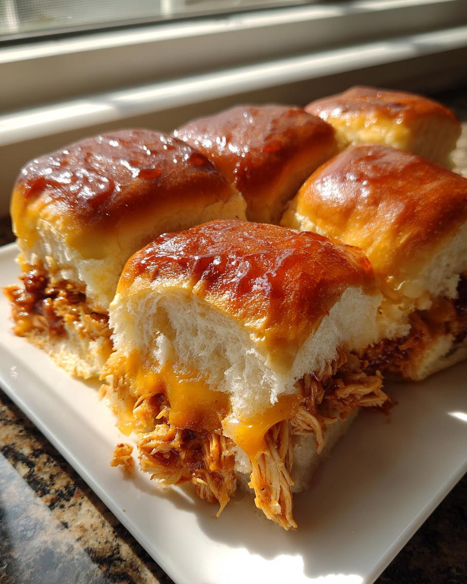 Close-up of several glossy, glazed bbq chicken sliders filled with shredded chicken and melted orange cheese on a white plate.