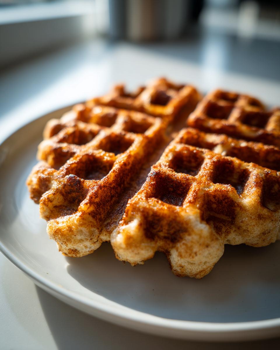 Close-up of a golden brown cottage cheese waffle dusted with cinnamon, sitting on a light gray plate near a window.