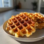 Close-up of golden brown, fluffy cottage cheese waffles stacked slightly on a light-colored plate near a window.