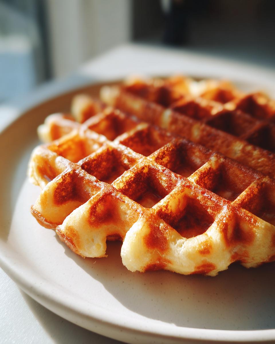 Close-up of a perfectly golden brown cottage cheese waffles section on a light plate, showing crisp edges.