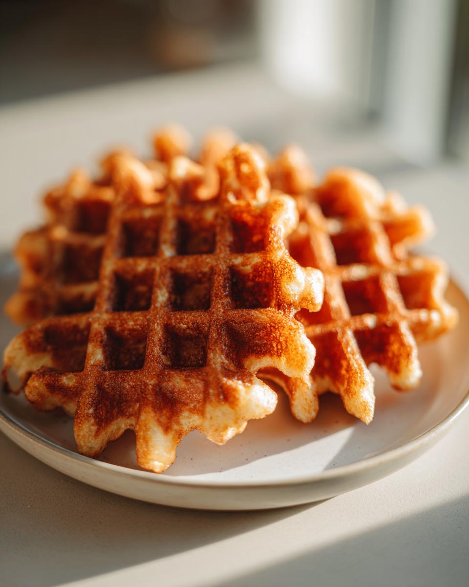 Close-up of two golden brown, crispy cottage cheese waffles stacked slightly on a light ceramic plate.