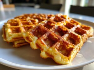 Close-up of golden brown, fluffy cottage cheese waffles stacked on a white plate, ready to eat.