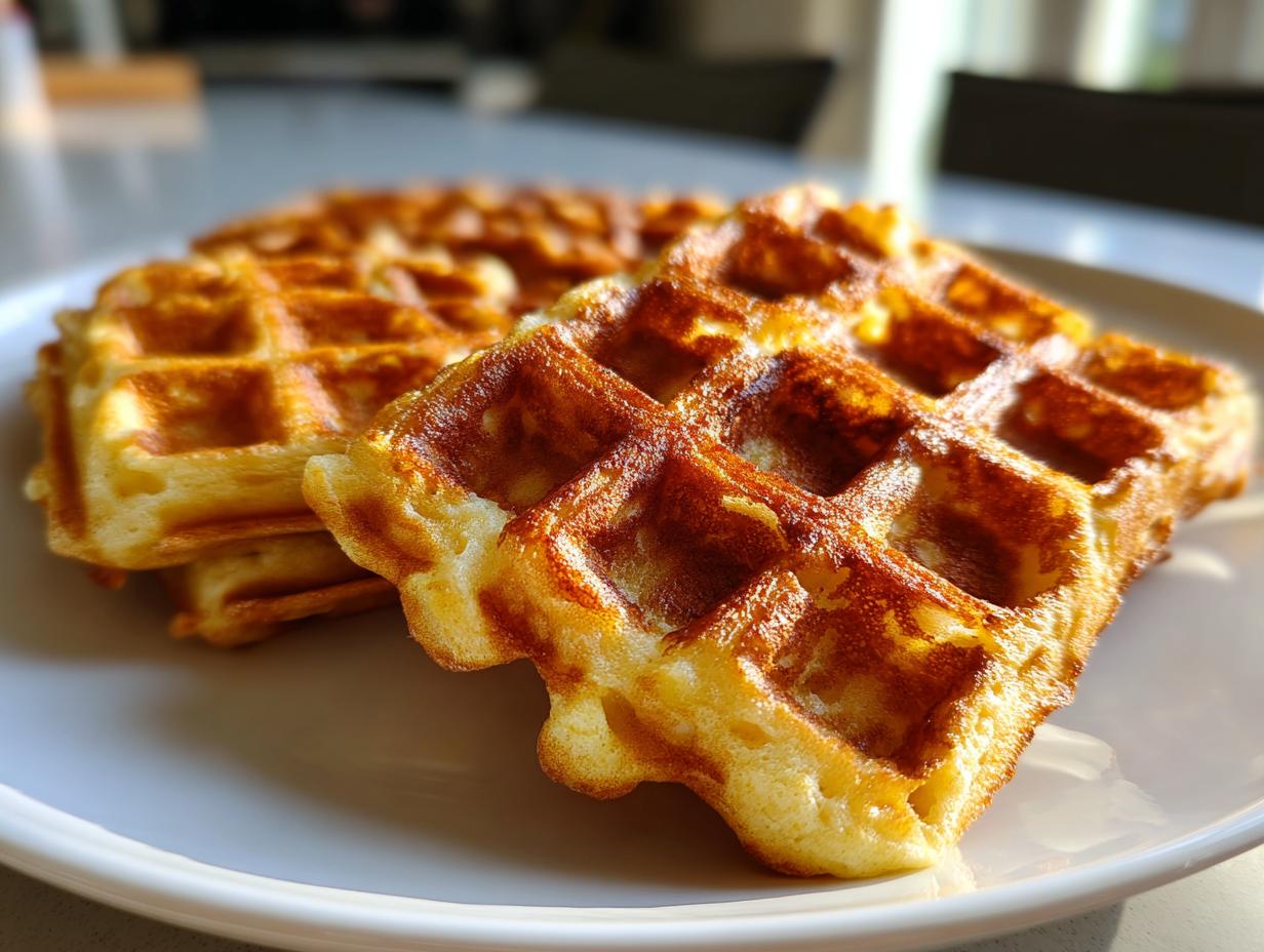 Close-up of golden brown, fluffy cottage cheese waffles stacked on a white plate, ready to eat.