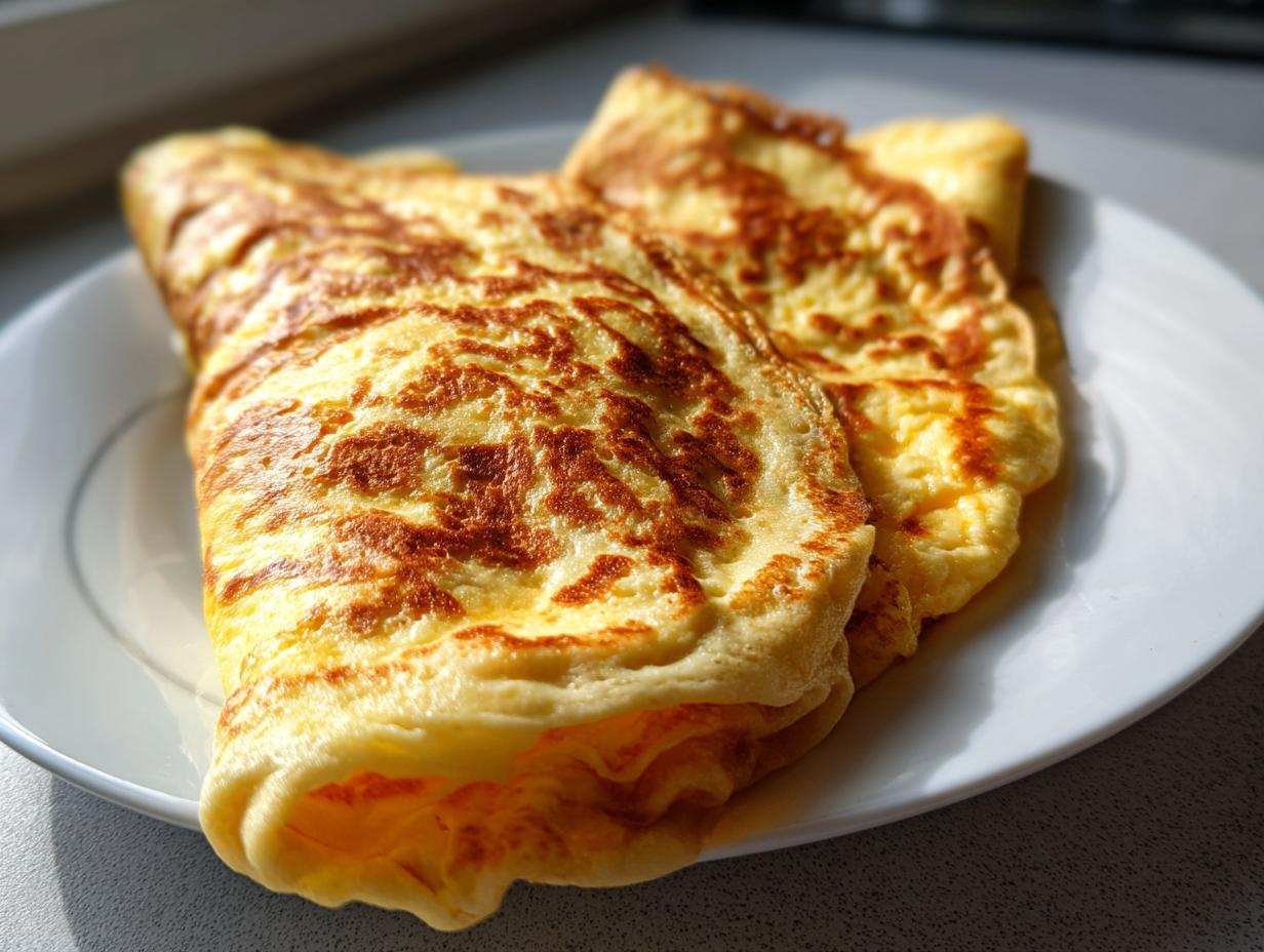 Two folded, golden brown cottage cheese wraps resting on a white plate, showcasing a slightly browned, eggy texture.