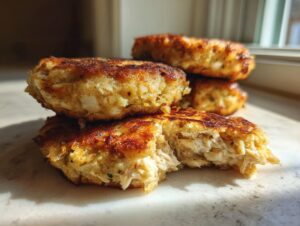 Close-up of flaky, golden brown salmon cakes stacked, with one broken open showing the shredded salmon texture.