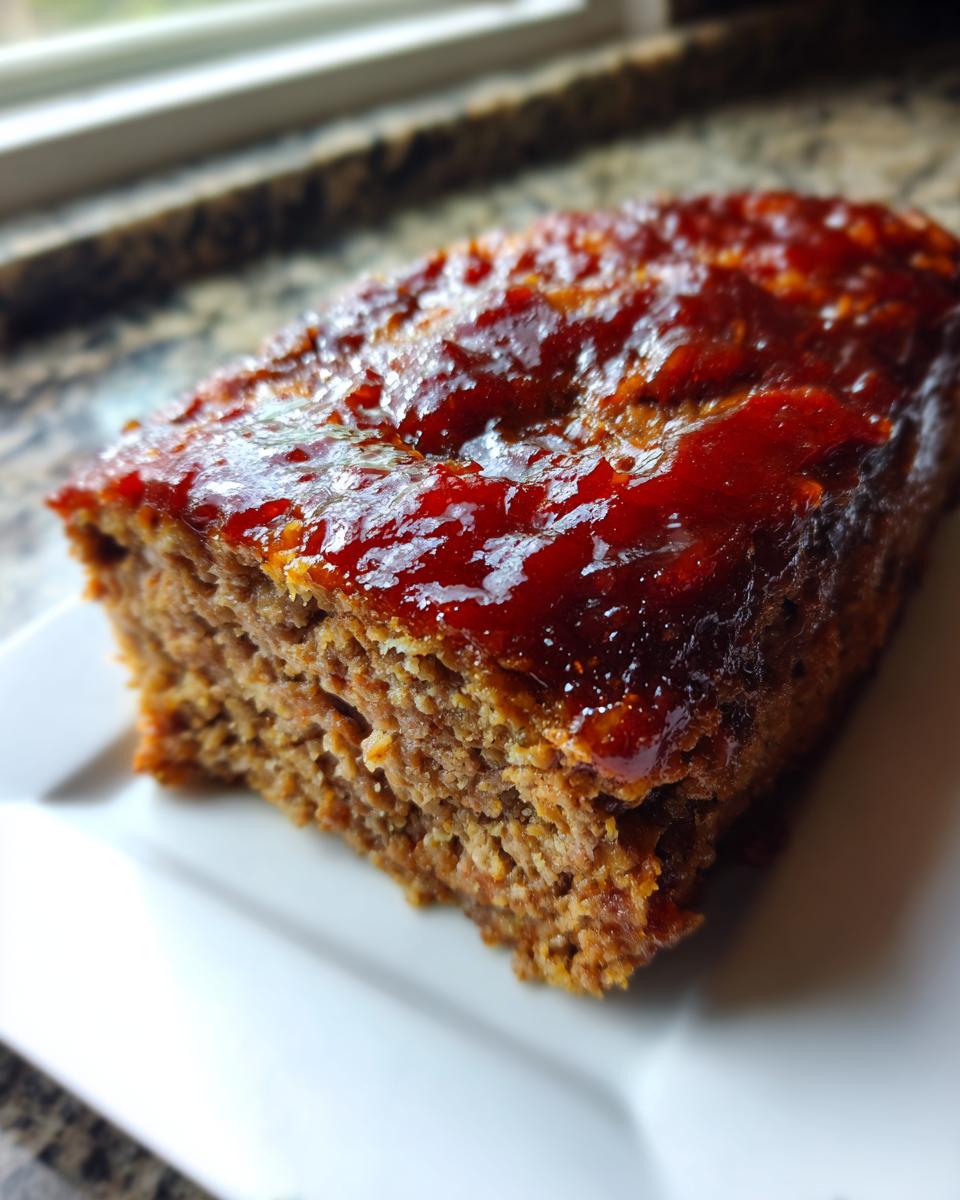 Close-up of a slice of juicy meatloaf topped with a thick, shiny, dark red glaze.