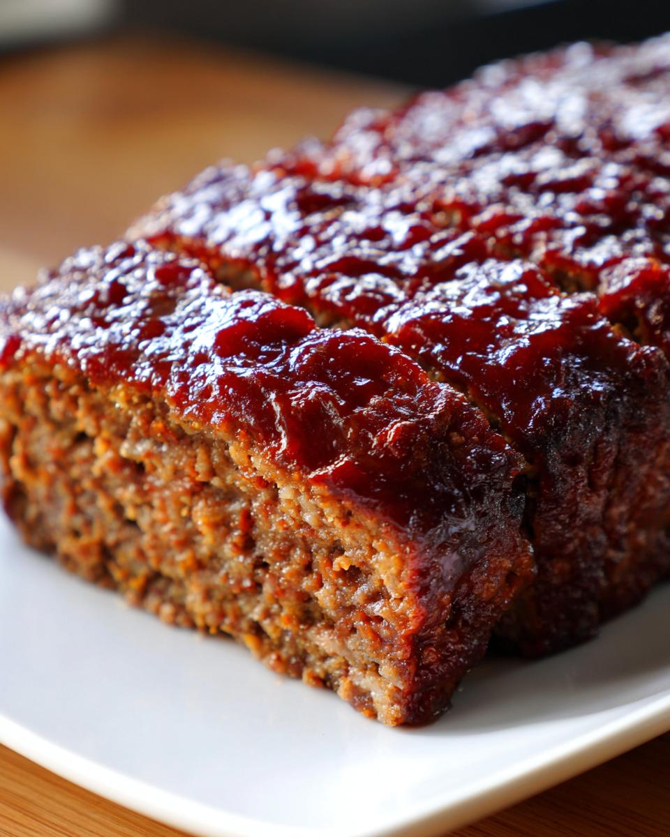Close-up of sliced, juicy meatloaf topped with a thick, shiny red glaze, served on a white plate.
