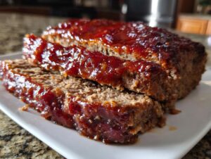Close-up of a juicy meatloaf, sliced, showing the moist interior and thick, shiny ketchup glaze.