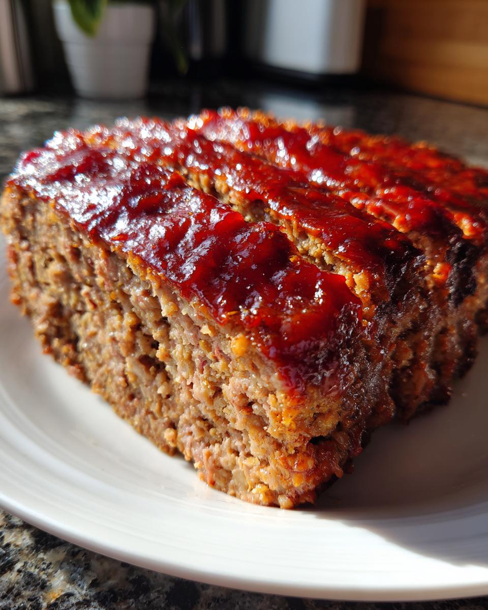 Close-up of sliced, juicy meatloaf topped with a thick, glossy red glaze.