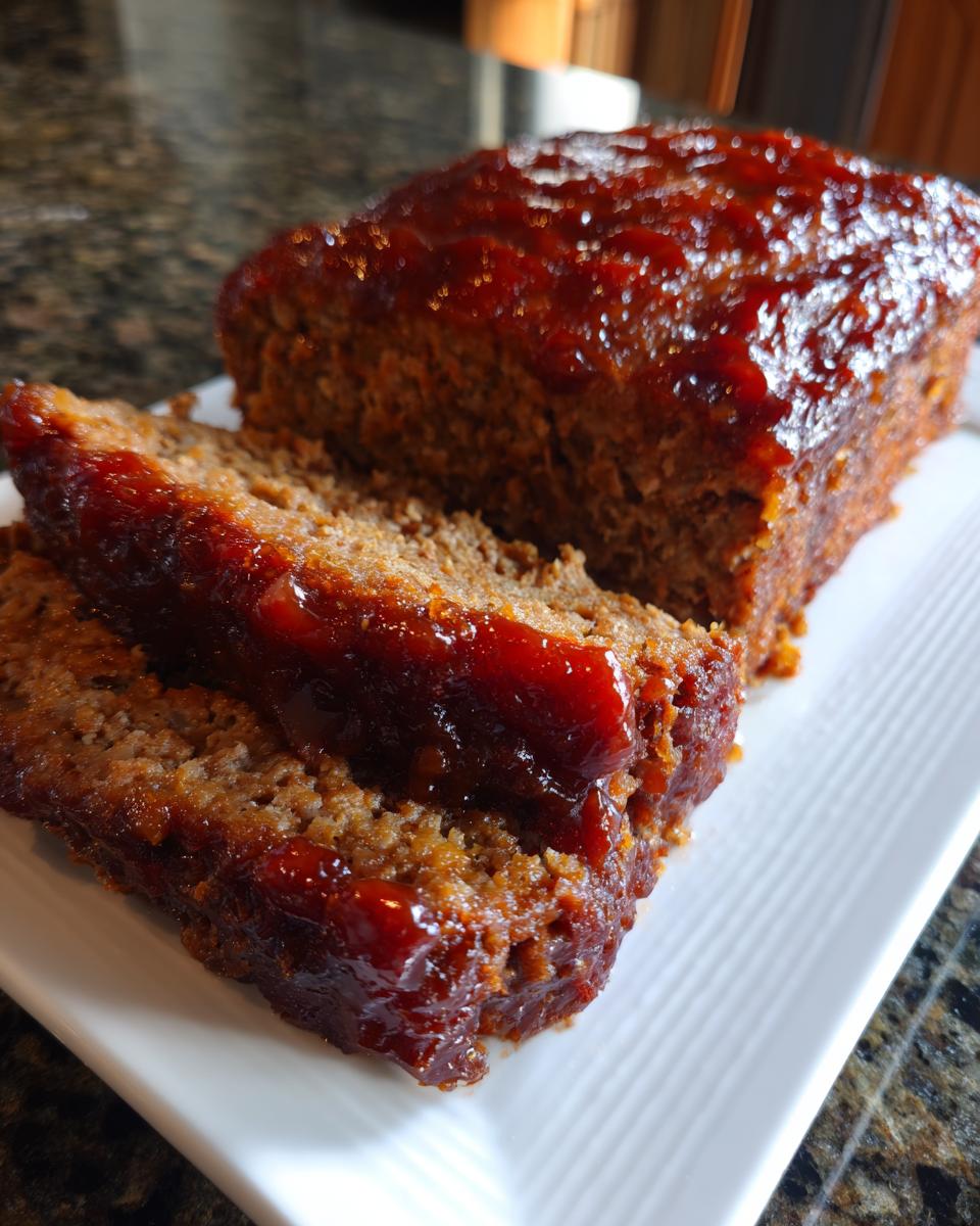 Close-up of a juicy meatloaf loaf with two slices cut, covered in a thick, shiny glaze.