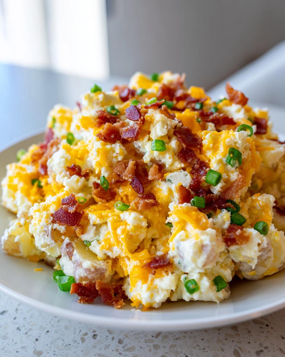 Close-up of creamy baked potato salad loaded with shredded cheddar cheese, crispy bacon bits, and green onions.