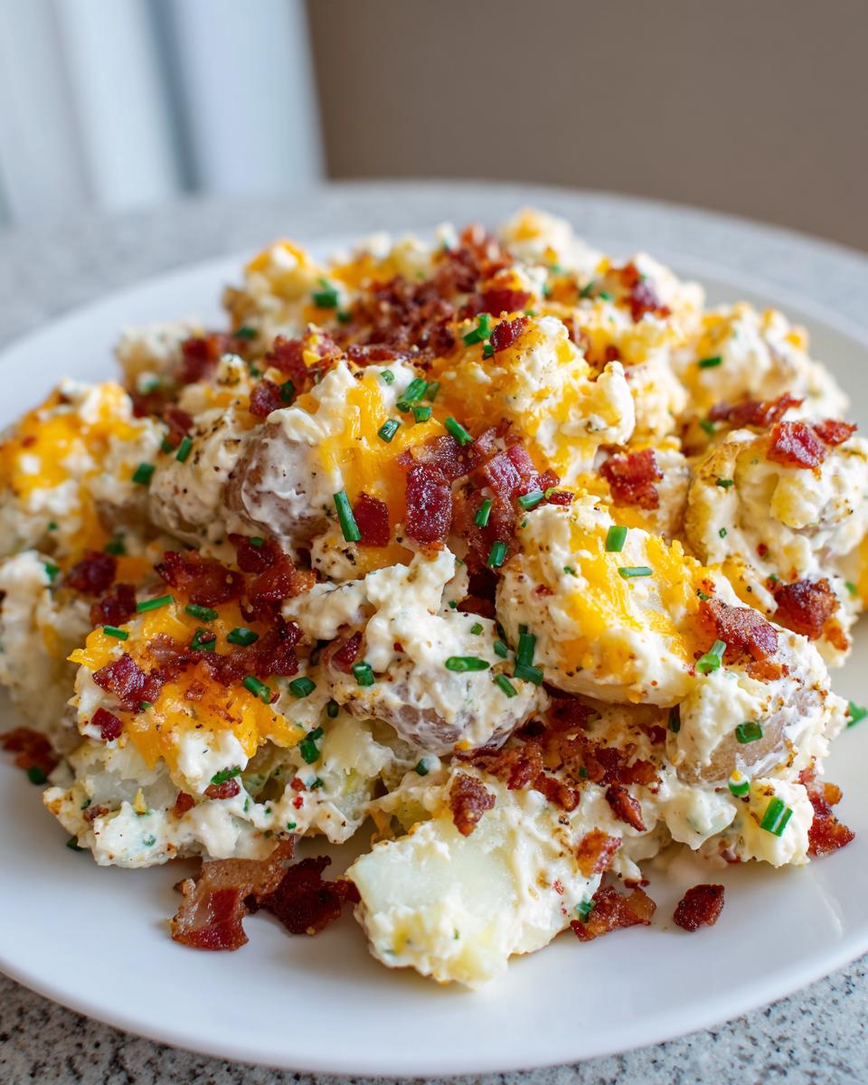 A close-up of loaded baked potato salad topped with shredded cheddar cheese, bacon bits, and chives.