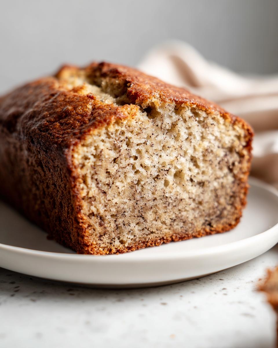 Close-up of a freshly baked loaf slice showing the moist crumb texture of the sugar free banana bread.