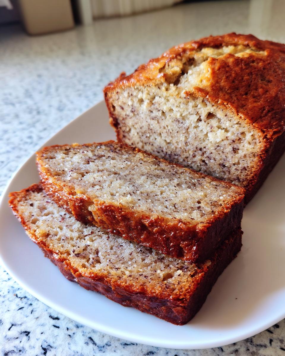 Close-up of a freshly baked loaf of sugar free banana bread, with two thick slices resting against it on a white plate.