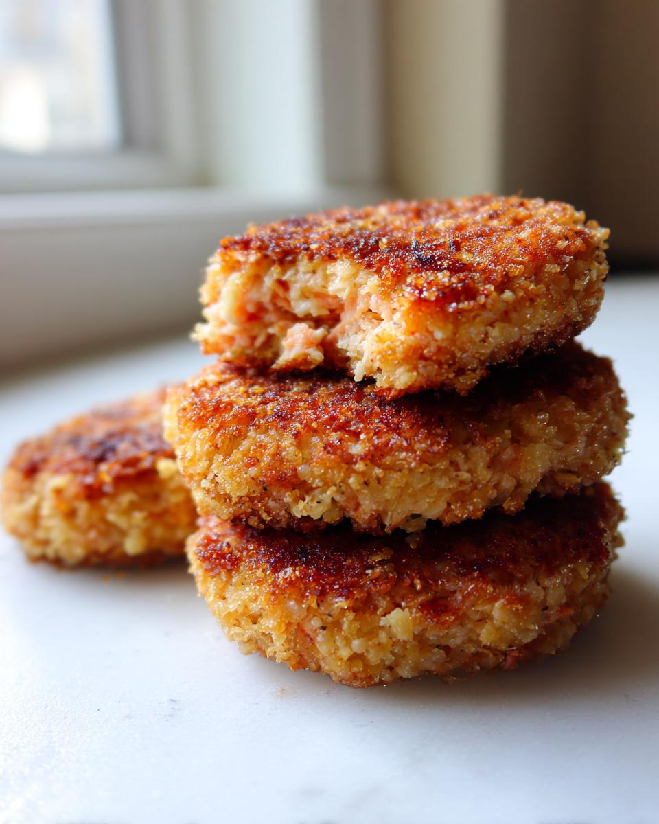 A stack of three crispy, golden brown salmon cakes, with the top one broken open to show the flaky interior.