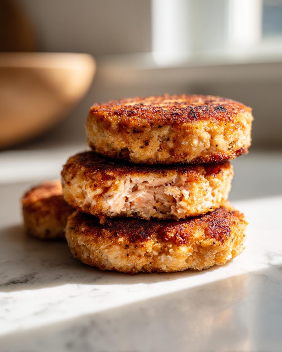 A stack of three golden-brown, pan-fried salmon cakes, with the middle one broken open showing the flaky pink interior.