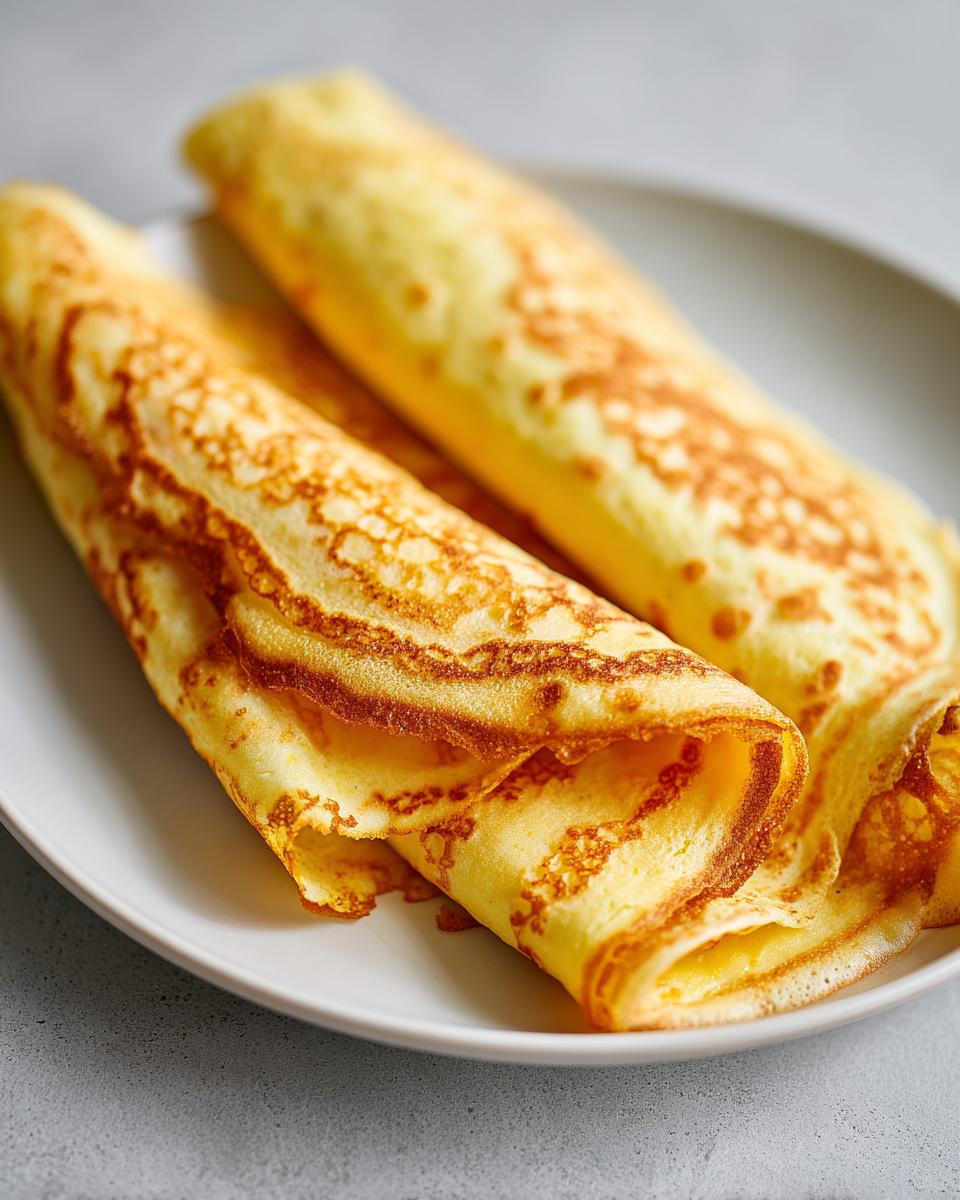Close-up of two golden, rolled cottage cheese wrap crepes resting on a white plate.