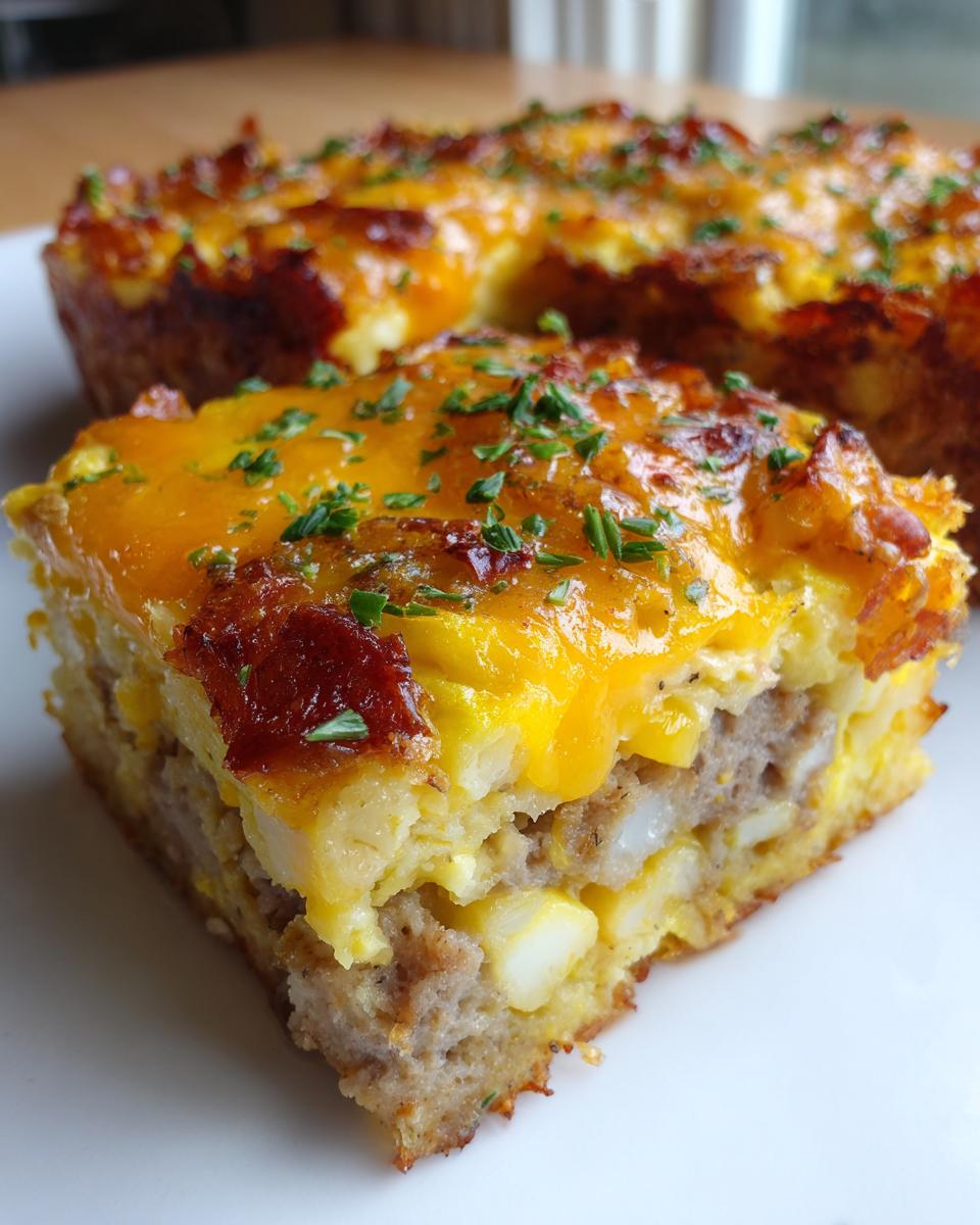 Close-up of a hearty slice of breakfast casserole featuring sausage, potatoes, eggs, and melted cheddar cheese.