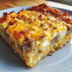Close-up of a hearty slice of breakfast casserole topped with melted cheddar cheese and herbs.